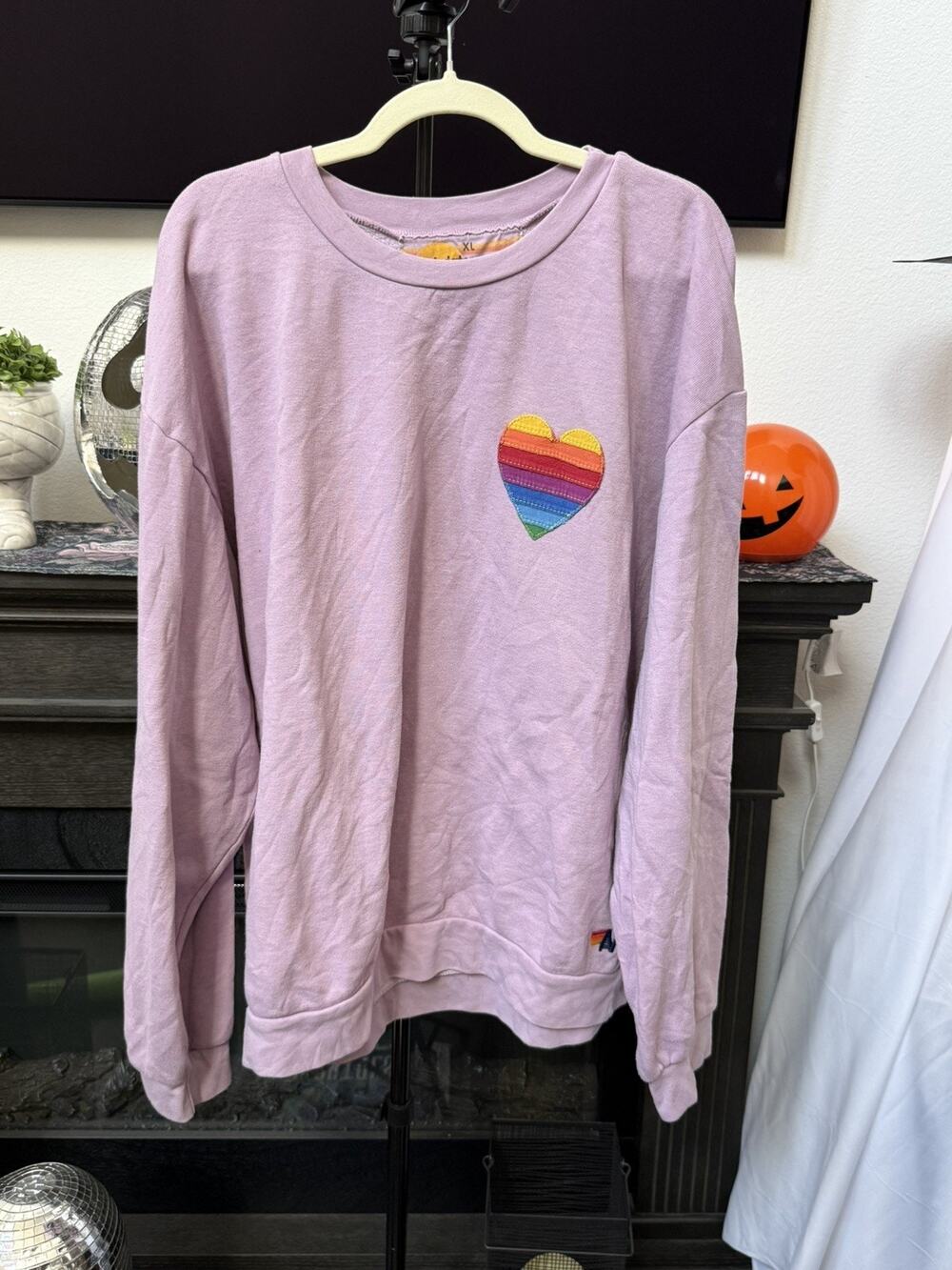 Aviator Nation Rainbow Heart Purple Women's XL Crewneck Sweatshirt Pullover